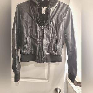 (Pleather)!!!!! leather bomber jacket with hood